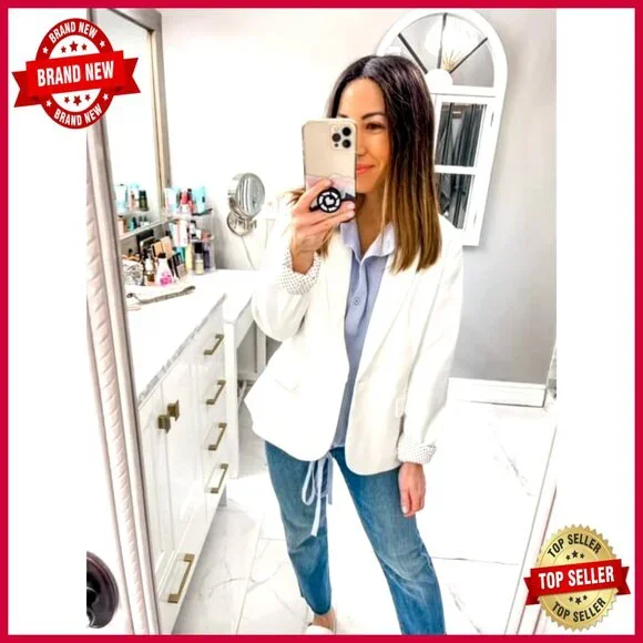 Classic Notched Lapel Blazer with Pockets, Polyester Work Office Jacket